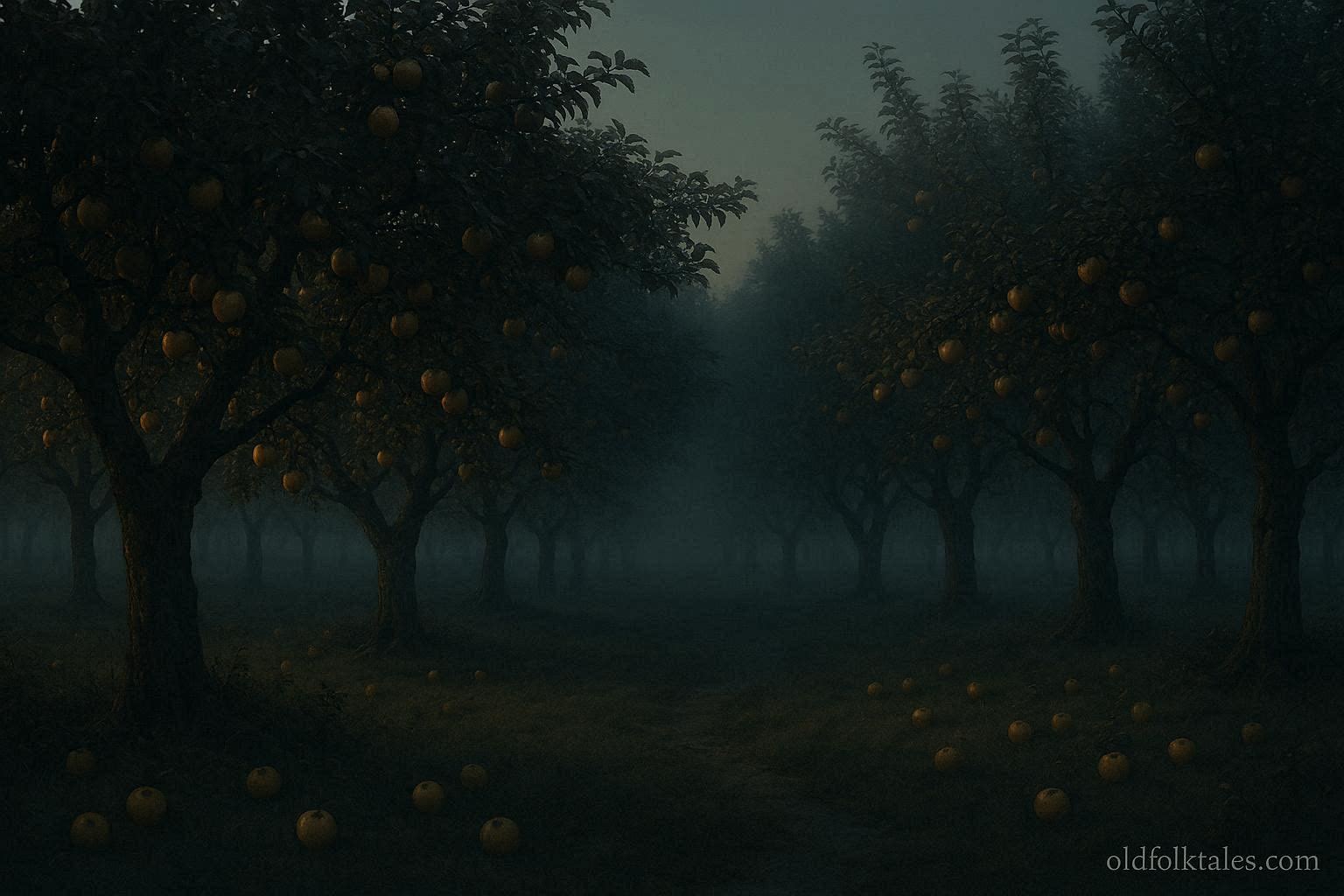 An orchard with ripe fruit hanging on trees but none on the ground
