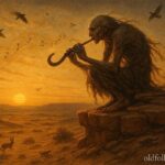 Kokopelli spirit playing a flute on a desert cliff, bringing rain and fertility, inspired by Hopi and Pueblo traditions