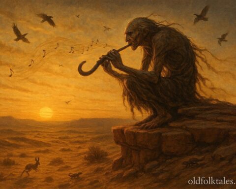 Kokopelli spirit playing a flute on a desert cliff, bringing rain and fertility, inspired by Hopi and Pueblo traditions