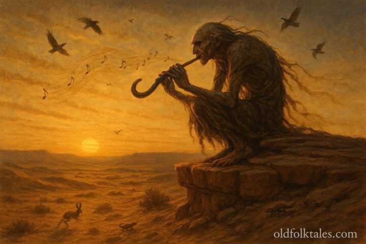 Kokopelli spirit playing a flute on a desert cliff, bringing rain and fertility, inspired by Hopi and Pueblo traditions