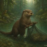 A mischievous otter stealing a fisherman’s net in a Pacific Northwest river, illustrating Salish folklore about respect for nature