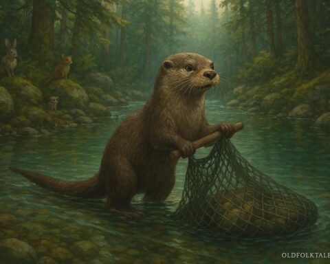 A mischievous otter stealing a fisherman’s net in a Pacific Northwest river, illustrating Salish folklore about respect for nature