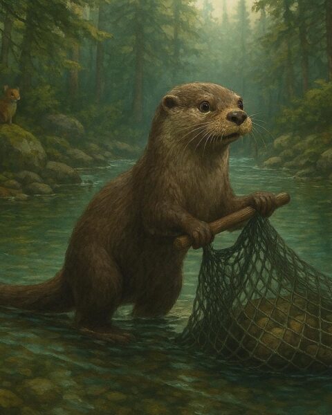 A mischievous otter stealing a fisherman’s net in a Pacific Northwest river, illustrating Salish folklore about respect for nature