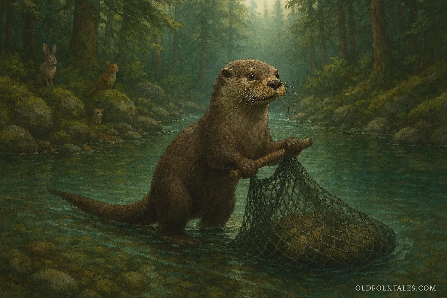 A mischievous otter stealing a fisherman’s net in a Pacific Northwest river, illustrating Salish folklore about respect for nature