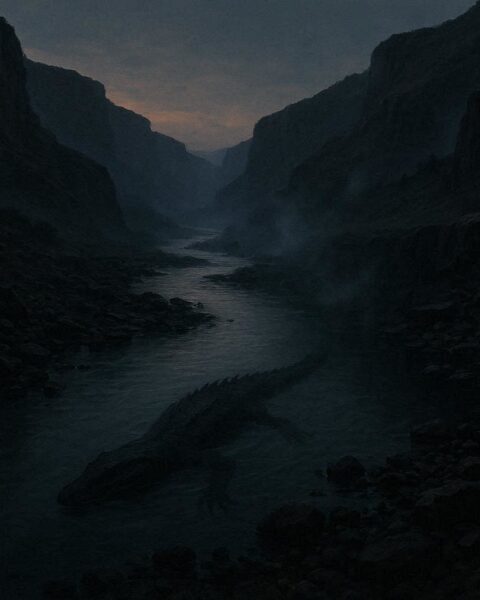 Reptilian creature gliding beneath the waters of Oregon’s Owyhee River representing the cryptid legend