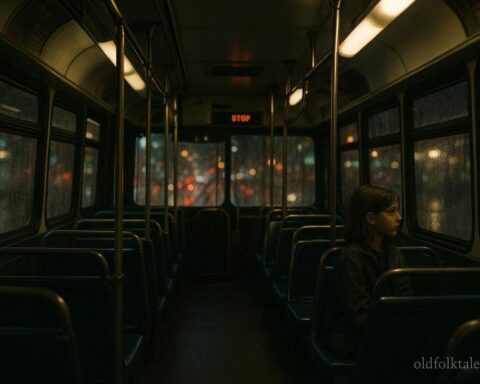 Young girl sitting alone on a late night city bus representing the Evergreen Park phantom passenger legend