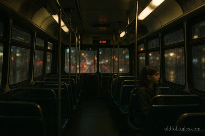 Young girl sitting alone on a late night city bus representing the Evergreen Park phantom passenger legend