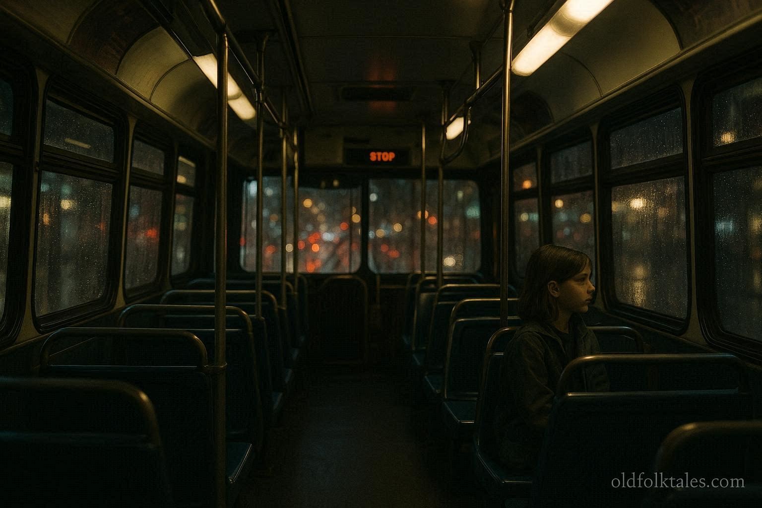 Young girl sitting alone on a late night city bus representing the Evergreen Park phantom passenger legend