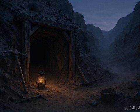 Abandoned desert gold mine at dusk with faint lantern glow representing the Phantom Miner legend