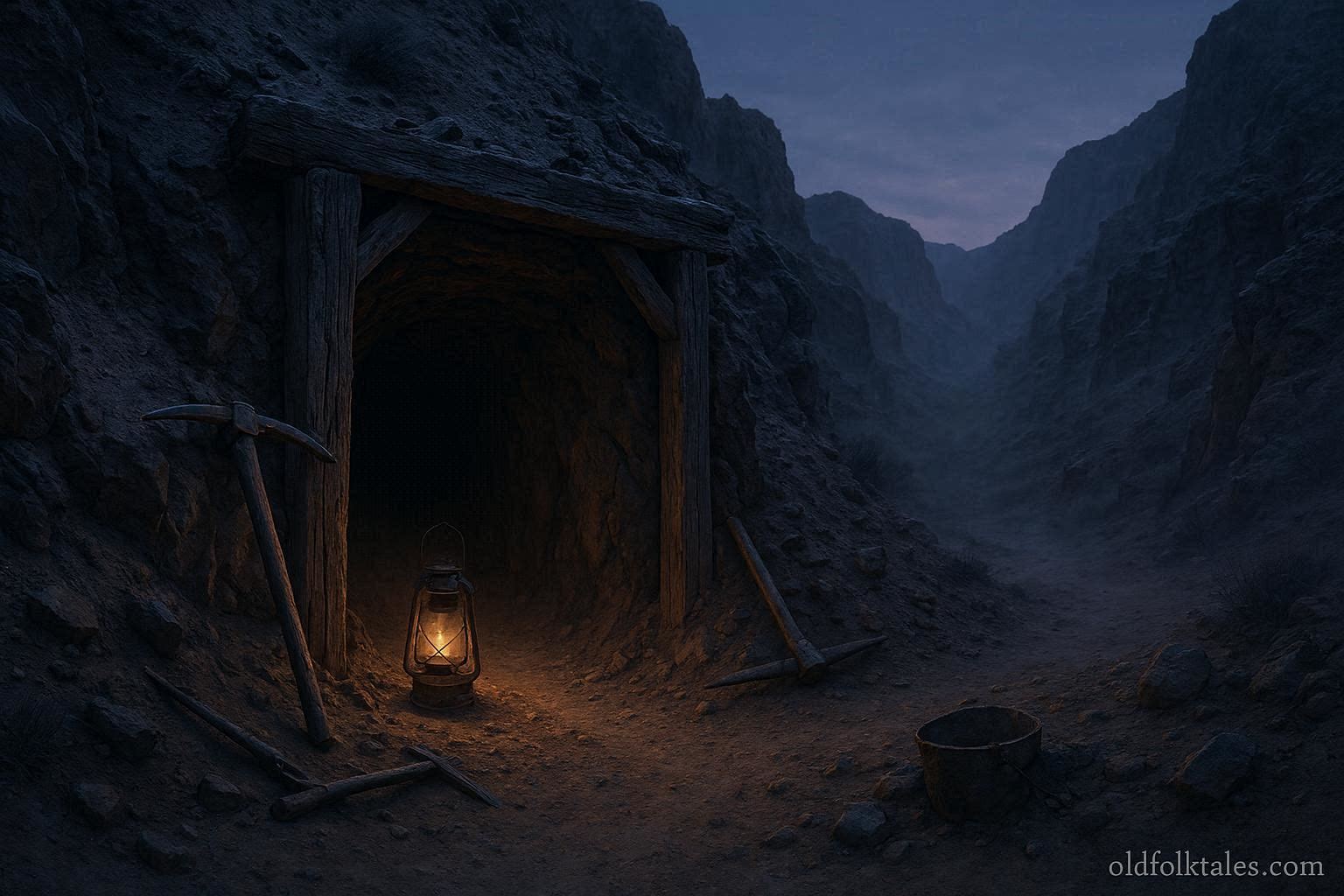 Abandoned desert gold mine at dusk with faint lantern glow representing the Phantom Miner legend