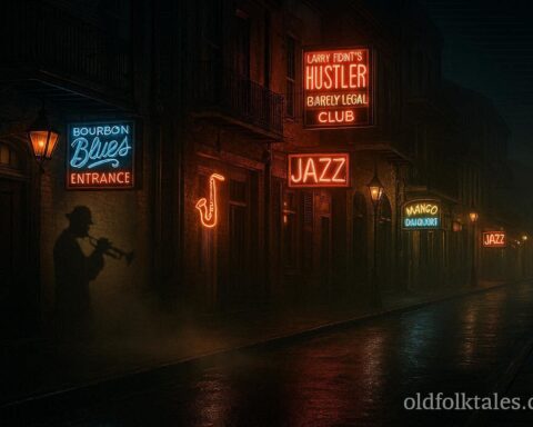 Shadowy figure of a trumpet-playing phantom on Bourbon Street in New Orleans at night