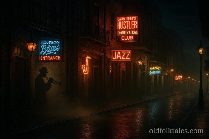 Shadowy figure of a trumpet-playing phantom on Bourbon Street in New Orleans at night