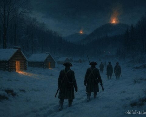 Mysterious glowing fires on snowy hills guiding soldiers near Valley Forge