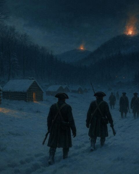 Mysterious glowing fires on snowy hills guiding soldiers near Valley Forge