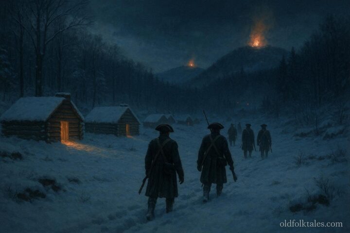 Mysterious glowing fires on snowy hills guiding soldiers near Valley Forge