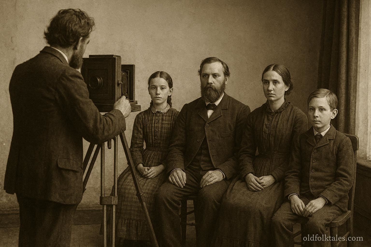19th-century family posed for a photograph reflecting the superstition that cameras could capture part of the soul