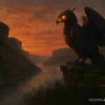 Giant winged bird perched on Mississippi River cliffs at sunset representing the Piasa Bird legend.