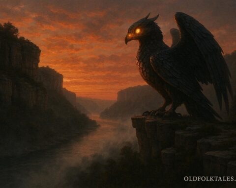 Giant winged bird perched on Mississippi River cliffs at sunset representing the Piasa Bird legend.