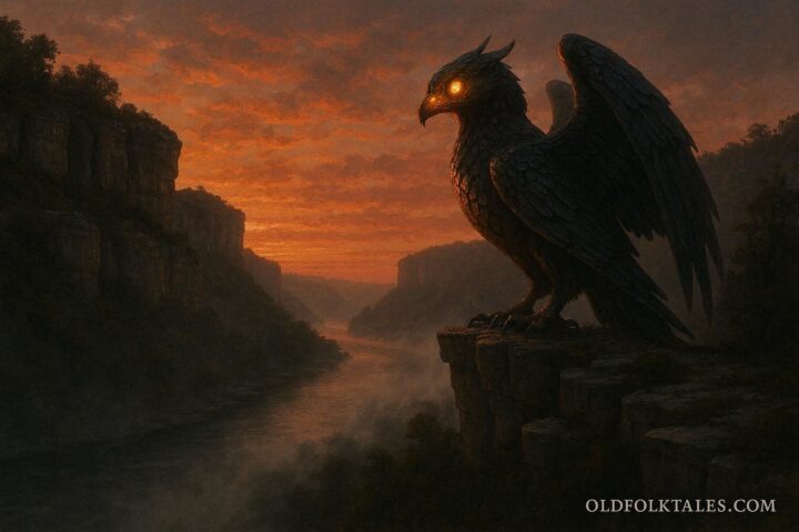 Giant winged bird perched on Mississippi River cliffs at sunset representing the Piasa Bird legend.