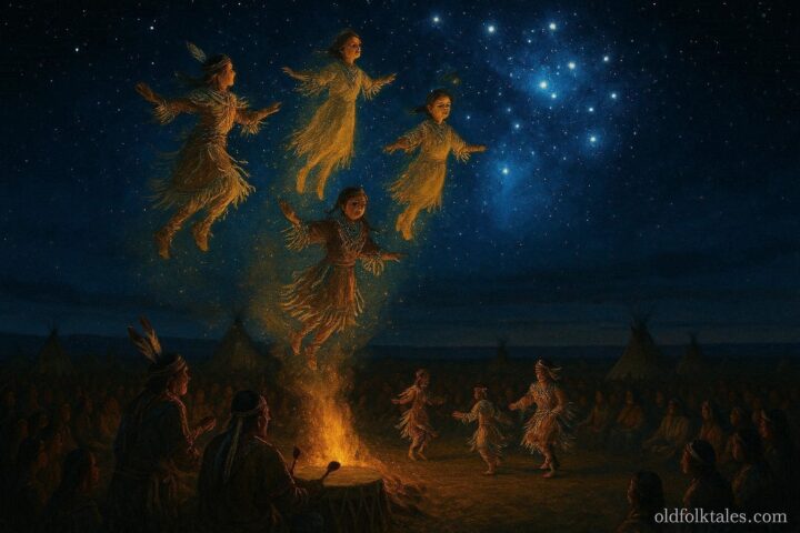 Young dancers rising into the sky and becoming the Pleiades star cluster