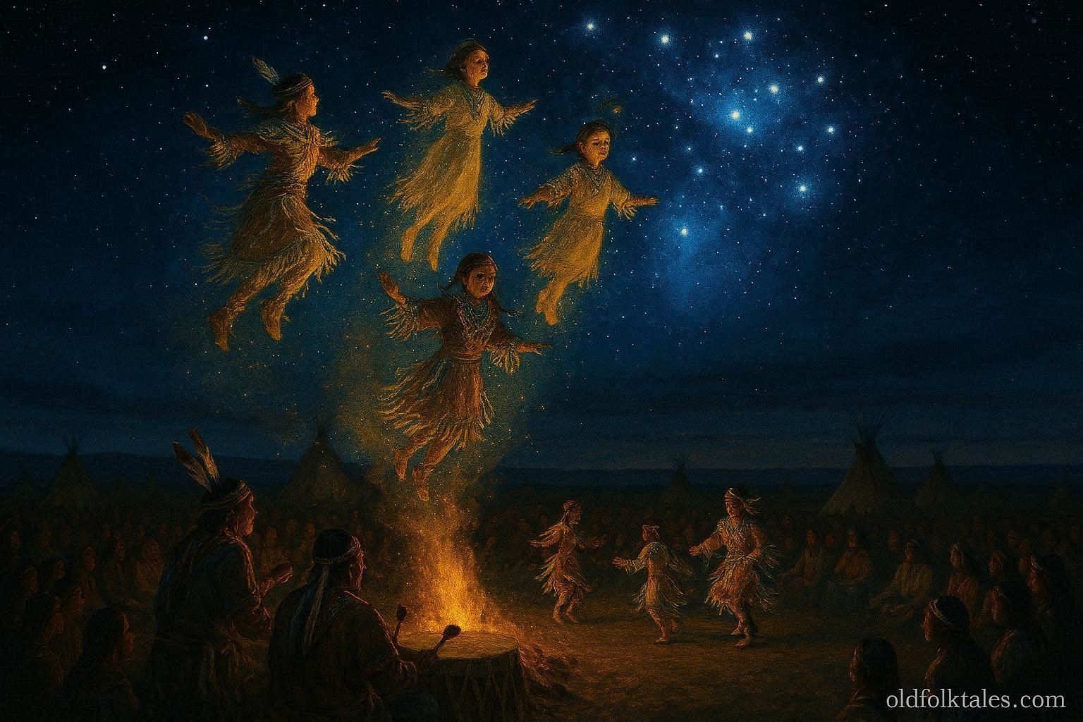 Young dancers rising into the sky and becoming the Pleiades star cluster