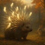 Porcupine receiving protective quills from forest spirits while defending rabbits in an Ojibwe folktale