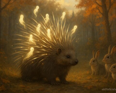 Porcupine receiving protective quills from forest spirits while defending rabbits in an Ojibwe folktale
