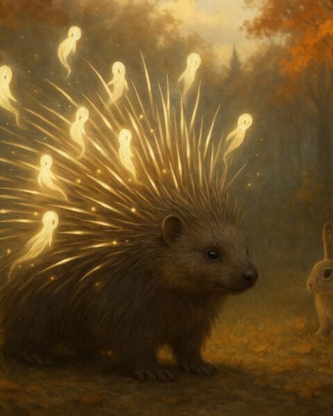 Porcupine receiving protective quills from forest spirits while defending rabbits in an Ojibwe folktale