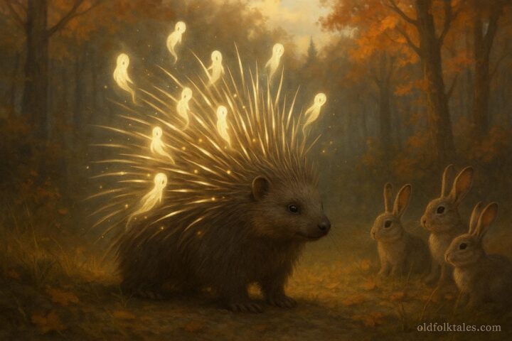 Porcupine receiving protective quills from forest spirits while defending rabbits in an Ojibwe folktale