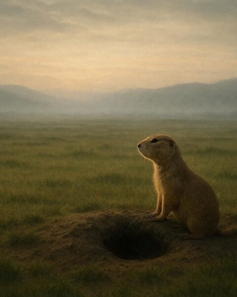 Prairie dog standing at the entrance of its burrow on the Great Plains representing the Lakota legend of the prairie dog guardian