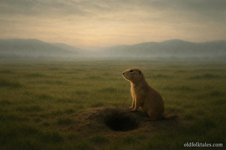 Prairie dog standing at the entrance of its burrow on the Great Plains representing the Lakota legend of the prairie dog guardian