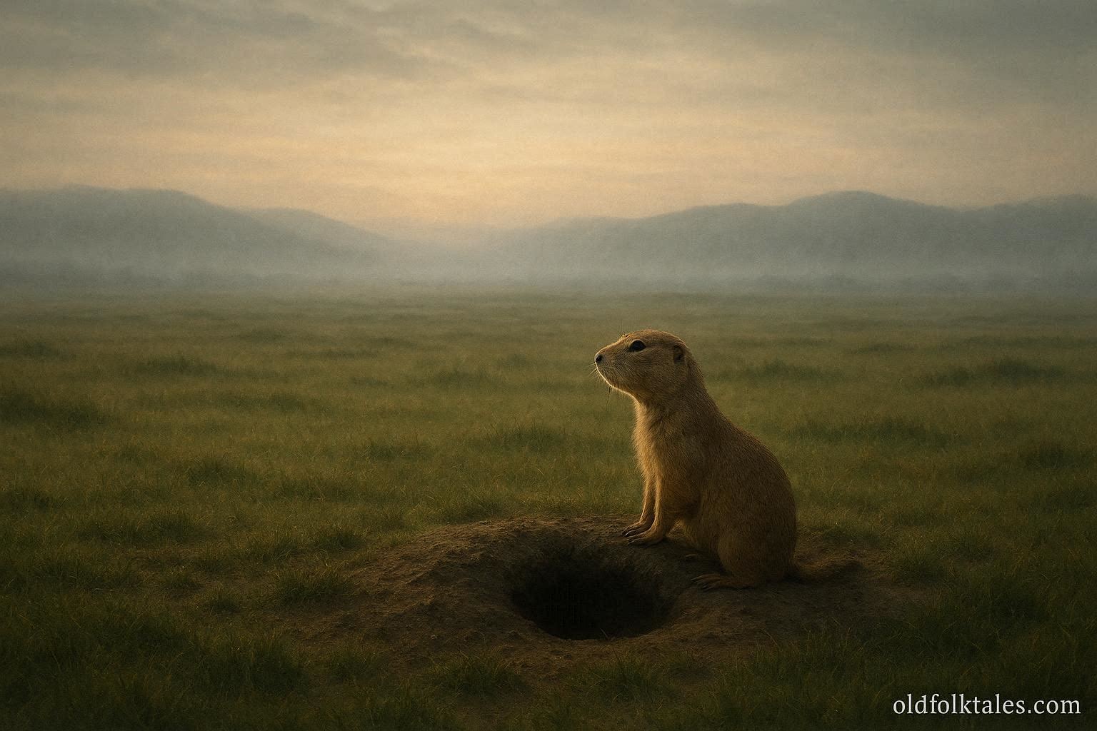Prairie dog standing at the entrance of its burrow on the Great Plains representing the Lakota legend of the prairie dog guardian