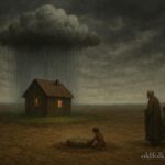 A single house under a small rain cloud while the surrounding village remains dry