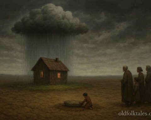 A single house under a small rain cloud while the surrounding village remains dry