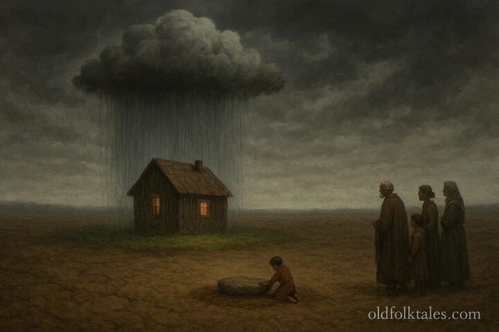 A single house under a small rain cloud while the surrounding village remains dry