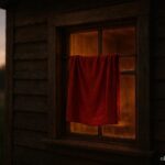 A red cloth hanging in a window as a symbol of protection