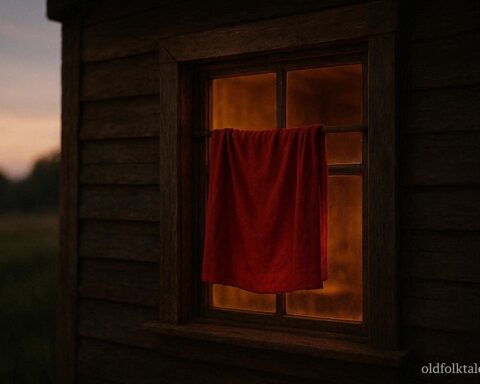 A red cloth hanging in a window as a symbol of protection