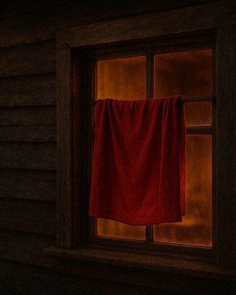 A red cloth hanging in a window as a symbol of protection