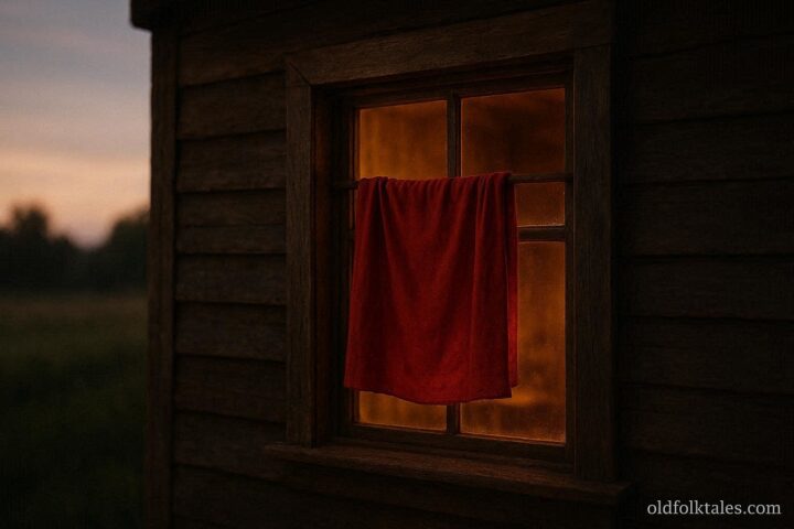 A red cloth hanging in a window as a symbol of protection