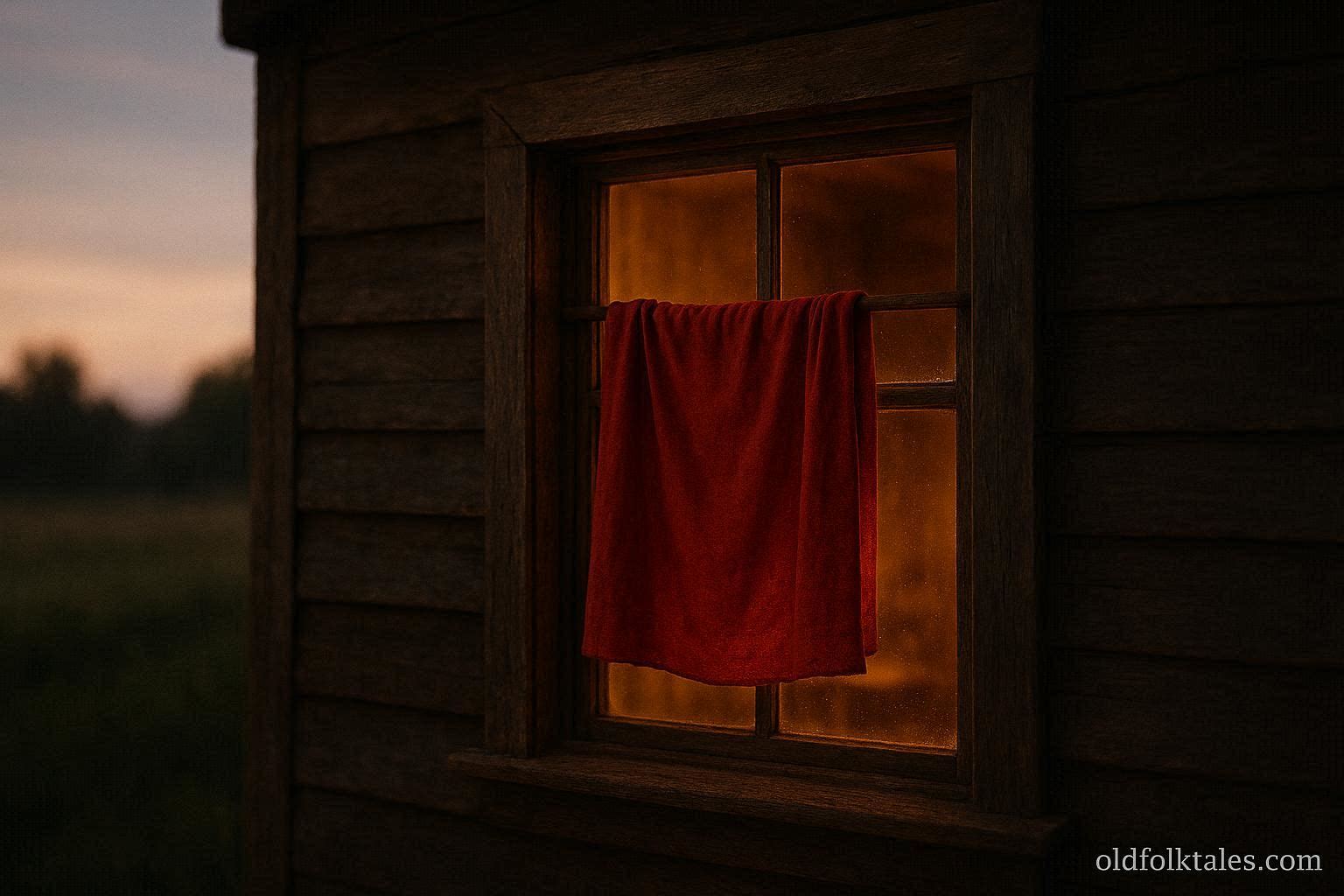 A red cloth hanging in a window as a symbol of protection