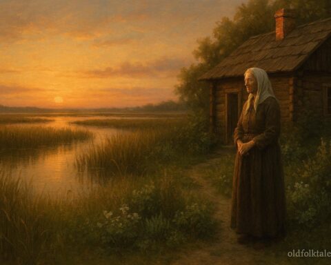 A woman standing near a marsh surrounded by plants and a peaceful natural setting