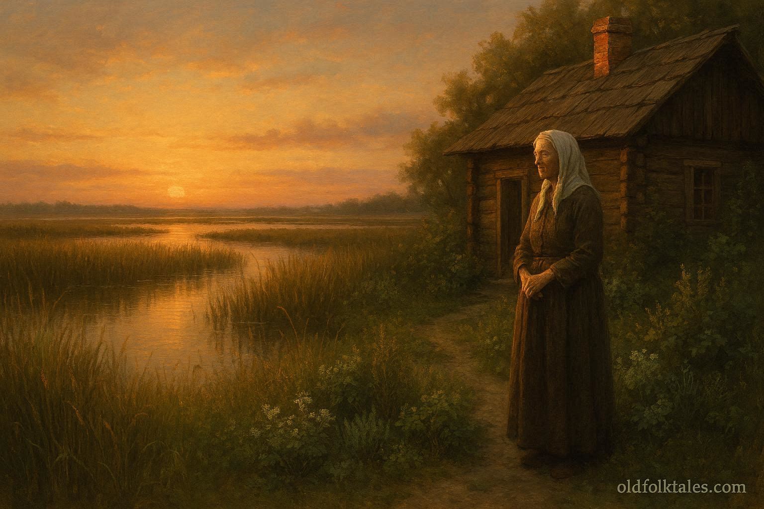 A woman standing near a marsh surrounded by plants and a peaceful natural setting