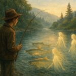 A young fisherman sees salmon transforming into spirit people beneath a Northern California river, illustrating Yurok folklore