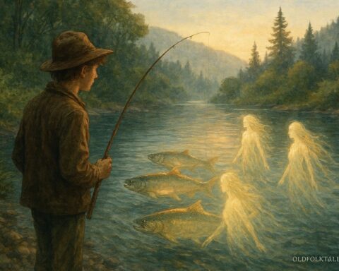 A young fisherman sees salmon transforming into spirit people beneath a Northern California river, illustrating Yurok folklore
