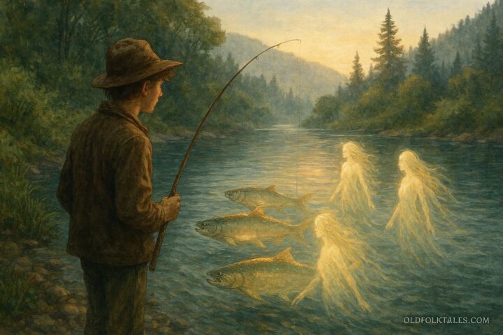 A young fisherman sees salmon transforming into spirit people beneath a Northern California river, illustrating Yurok folklore