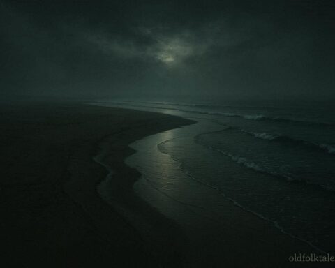 A sandbar exposed at low tide with a calm ocean and misty atmosphere
