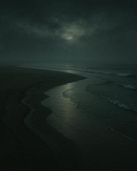 A sandbar exposed at low tide with a calm ocean and misty atmosphere
