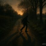 A person avoiding long shadows on a rural path at sunset