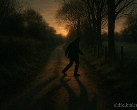 A person avoiding long shadows on a rural path at sunset