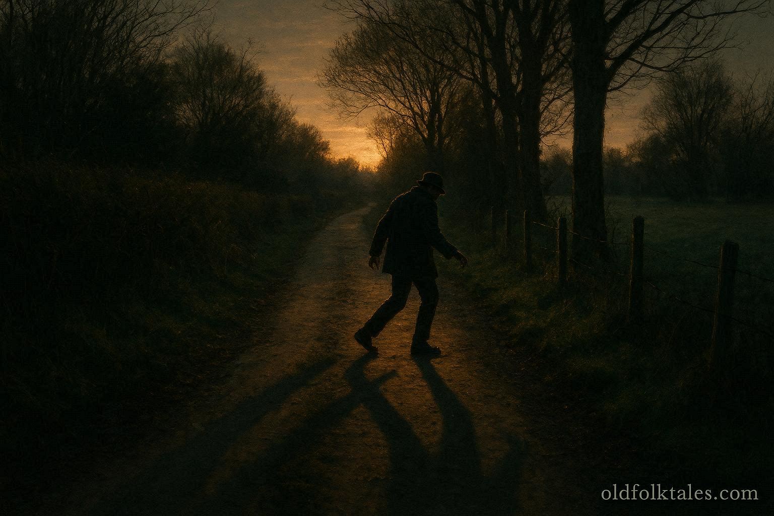 A person avoiding long shadows on a rural path at sunset